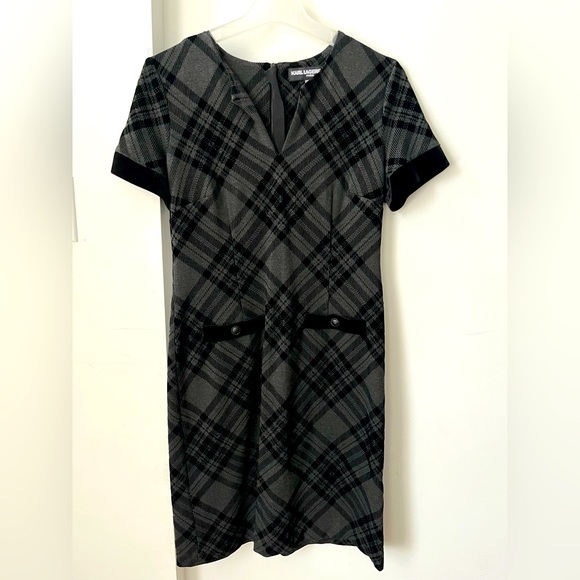 KARL LAGERFELD PARIS Velvet-Trimmed Plaid Dress - Picture 6 of 8